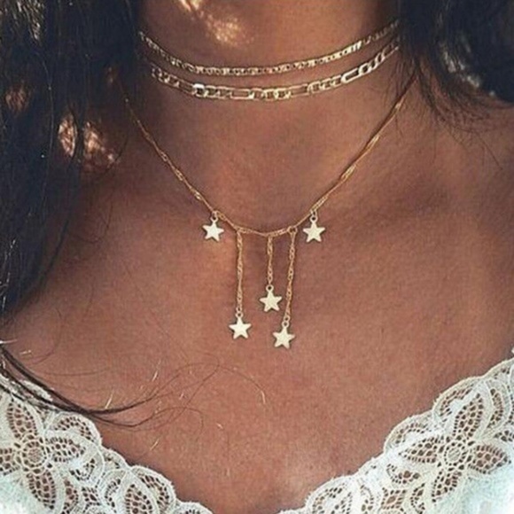 Jewelry - Dangling Star Layered Choker Gold Bib Necklace